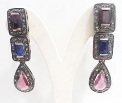  925 Sterling Silver Diamond Earring With Natural Ruby, And Kyanite, Pink Tourmaline - J-2100