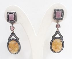  925 Sterling Silver Diamond Earring With Natural Multi sapphire Stone In Victorian Style - J-2103