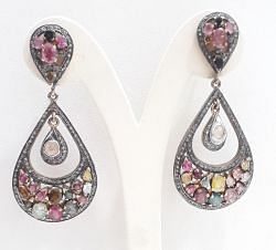  925 Sterling Silver Diamond Earring With Polki  Diamonds And Natural Multi sapphire Stone - J-2106