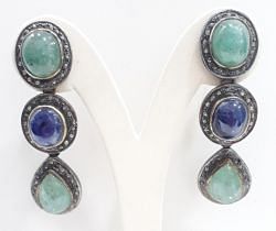  925 Sterling Silver Diamond Earring In  Natural Blue Sapphire, Amazonite Stone - J-2107