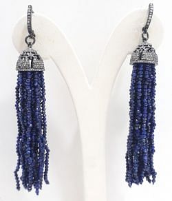  925 Sterling Silver Diamond Earring With Natural Blue sapphire In Victorian Style - J-2111