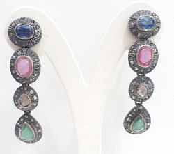  925 Sterling Silver Diamond Earring In Natural Ruby, Emerald, Sapphire, Stone -   J-2113