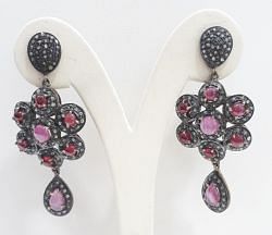  925 Sterling Silver Diamond Earring With  Ruby  Stone - J-2116