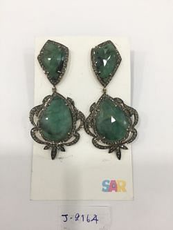  925 Sterling Silver Diamond Earring Studded With  Natural Emerald Stone - J-2164