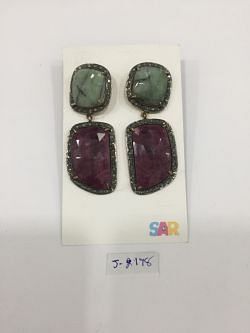  925 Sterling Silver Diamond Earring In Natural Emerald, Sapphire  Stone -  J-2178