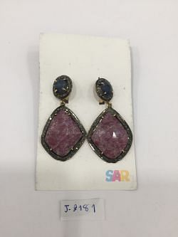  925 Sterling Silver Diamond Earring In Natural Sapphire Stone - J-2181
