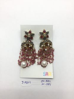  925 Sterling Silver Diamond Earring -  Pearl, And Ruby, Pink Chalcedony Stone - J-2201
