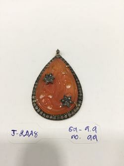 Victorian Jewelry, Silver Diamond Pendant With Rose Cut Diamond, And Agate Stone Studded In 925 Sterling Silver, Gold/Black Rhodium Plating. J-2448