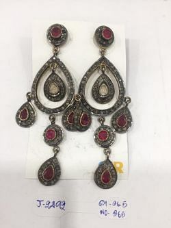 Victorian Jewelry, Silver Diamond Earring With Polki Diamond, And Ruby Stone Studded In 925 Sterling Silver, Gold/Black Rhodium Plating. J-2492