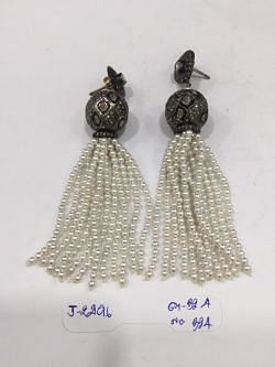 Victorian Jewelry, Silver Diamond Earring With Polki Diamond, And  Pearl Stone Studded In 925 Sterling Silver, Gold/Black Rhodium Plating. J-2496