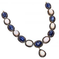  925 Sterling Silver Diamond Necklace in Rose Cut Diamond, And Kyanite, Opal - J-2503