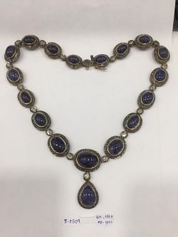 925 Sterling Silver Diamond Necklace Studded With Polki Diamond, Tanzanite - J-2509