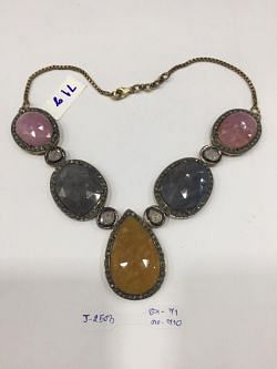 925 Sterling Silver  Diamond Necklace - Polki Diamond, Multi Sapphire Stone, J-2514
