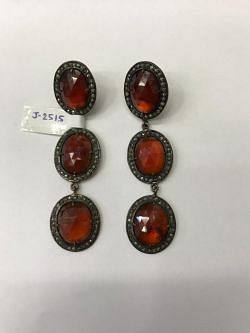 Victorian Jewelry, Silver Diamond Earring With Rose cut Diamond, And  Hessonite Garnet Stone Studded In 925 Sterling Silver, Gold/Black Rhodium Plating. J-2515