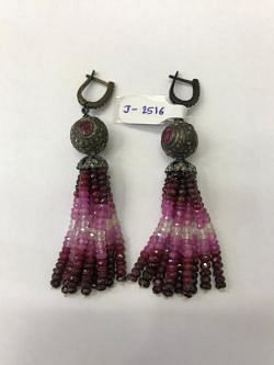 Victorian Jewelry, Silver Diamond Earring With Rose-cut Diamond, And Ruby Shaded Stone Studded In 925 Sterling Silver, Gold/Black Rhodium Plating. J-2516