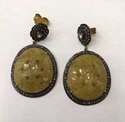Victorian Jewelry, Silver Diamond Earring  With Polki Diamond, And Yellow sapphire  Stone Studded In 925 Sterling Silver, Gold/Black Rhodium Plating. J-2526