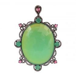 925 Sterling Silver Black Rhodium Plated Diamond Pendant - Antique and Natural Green Onyx ,J-316