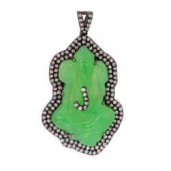 925 Sterling Silver Diamond Pendant Studded With Antique, Natural Green Jade - J-317
