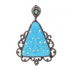 925 Sterling Silver Diamond Pendant Studded With Antique, Natural Turquoise - J-321