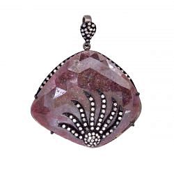 925 Sterling Silver Diamond Pendant Studded  With Natural Sapphire - J-338