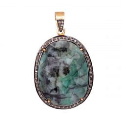 925 Sterling Silver Diamond Pendant With Antique,Natural Sapphire -J-348 