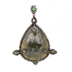925 Sterling Silver Diamond Pendant - Antique, Natural Sapphire - J-351 