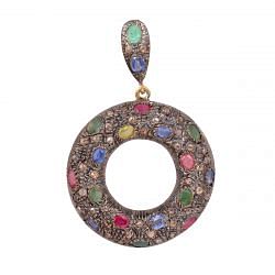 925 Sterling Silver Diamond Pendant With Natural Ruby, Emerald, Sapphire - J-372
