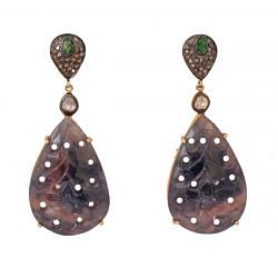 Victorian Jewelry, Silver Diamond Earring With Rose Cut Diamond And Sapphire, Tsavorite Studded In 925 Sterling Silver Gold Plating. J-403