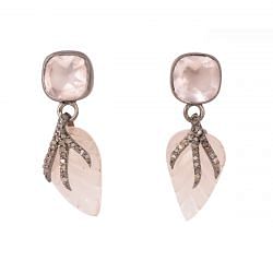 Victorian Jewelry, Silver Diamond Earring With Rose Cut Diamond And Rose Quartz Studded In 925 Sterling Silver Black Rhodium Plating.j-411