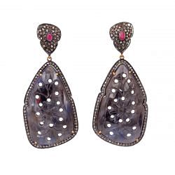 Victorian Style, Diamond Earring With Rose Cut Diamonds And Sapphire, Ruby Stone Studded In 925 Sterling Silver Gold, Black Rhodium Plated. J-484