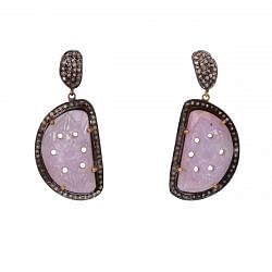 Victorian Style 925 Sterling Silver Diamond Earring With Sapphire Stone, Gold Plated. J-502