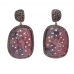 Victorian Style Beautiful 925 Sterling Silver Diamond Earring With Natural Sapphire Stone Studded, Gold Plated. J-508.
