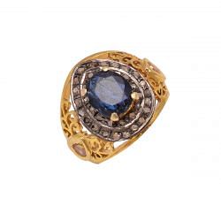 Victorian Jewelry, Silver Diamond Ring With Rose Cut Diamond And Kyanite, Pink Tourmaline  Stone Studded In 925 Sterling Silver Gold, Black Rhodium Plating. J-851