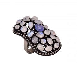 Victorian Jewelry, Silver Diamond Ring With Rose Cut Diamond, Opal And Tanzanite Stone Studded In 925 Sterling Silver Black Rhodium Plating. J-876
