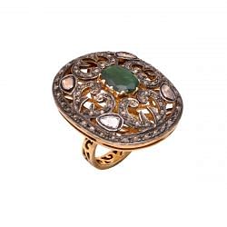 Victorian Jewelry, Silver Diamond Ring With Rose Cut Diamond, Polki Diamond And Emerald   Stone Studded  In 925 Sterling Silver Gold, Black Rhodium Plating. J-916