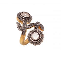 Victorian Jewelry, Silver Diamond Ring With Rose Cut Diamond And Polki Diamond Studded In 925 Sterling Silver Gold, Black Rhodium Plating. J-1002