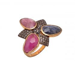 Victorian Style Jewelry, Silver Diamond Ring With Natural Rose Cut Diamond, Multi Sapphire Stone studded In 925 Sterling Silver Gold, Black Rhodium Plating. J-1008