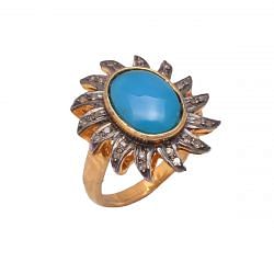 Victorian Jewelry, Silver Diamond Ring With Rose Cut Diamond And Turquoise Stone Studded  In 925 Sterling Silver Gold,Black Rhodium Plating. J-1016