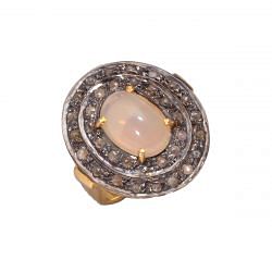 Victorian Jewelry, Silver Diamond Ring With Rose Cut Diamond And Opal Stone Studded  In 925 Sterling Silver Gold,Black Rhodium Plating. J-1024