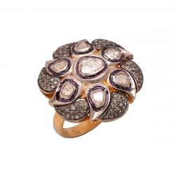 Victorian Jewelry, Silver Diamond Ring With Rose Cut Diamond And Polki Diamond And In 925 Sterling Silver Gold, Black Rhodium Plating. J-1026