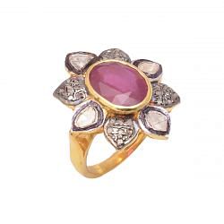 Victorian Jewelry, Silver Diamond Ring With Rose Cut Diamond And Polki Diamond, Ruby Stone Studded In 925 Sterling Silver Gold, Black Rhodium Plating. J-1031