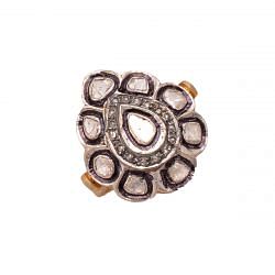 Victorian Jewelry, Silver Diamond Ring With Rose Cut Diamond And Polki Diamond Stone Studded In 925 Sterling Silver Gold, Black Rhodium Plating. J-1043