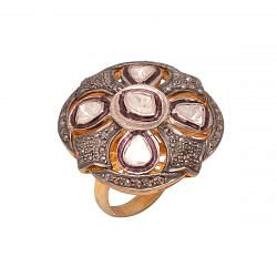 Victorian Jewelry, Silver Diamond Ring With Rose Cut Diamond And Polki Diamond Stone Studded In 925 Sterling Silver Gold, Black Rhodium Plating. J-1046