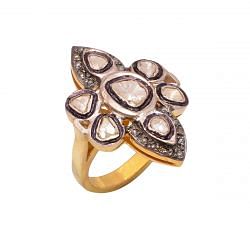 Victorian Jewelry, Silver Diamond Ring With Rose Cut Diamond And Polki Diamond  Stone Studded In 925 Sterling Silver Gold, Black Rhodium Plating. J-1047