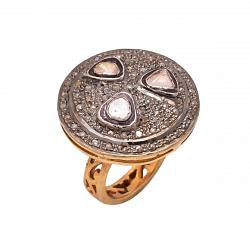 Diamond Ring With Polki Diamond And Rose Cut Diamond Stone Studded  In 925 Sterling Silver Gold Plated And Black Rhodium Plated. J-1048