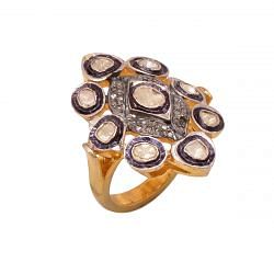 Victorian Jewelry, Silver Diamond Ring With Rose Cut Diamond And Polki Diamond Stone Studded In 925 Sterling Silver Gold, Black Rhodium Plating. J-1053
