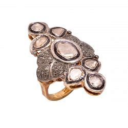 Victorian Jewelry, Silver Diamond Ring With Rose Cut Diamond And Polki Diamond Stone Studded  In 925 Sterling Silver Gold, Black Rhodium Plating. J-1054