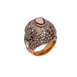 Victorian Jewelry, Silver Diamond Ring With Rose Cut Diamond And Polki Diamond StuddedIn 925 Sterling Silver Black Rhodium Plating. J-1061