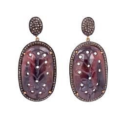 Victorian Jewelry, Diamond Earring With Rose Cut Diamond And Sapphire Stone Studded In 925 Sterling Silver Gold Plating.J-115