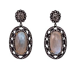 Victorian Jewelry, Silver Diamond Earring With Rose Cut Diamond And Labradorite Stone Studded In 925 Sterling Silver  Black Rhodium Plating. J-138